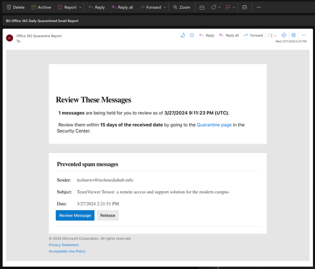 Screenshot of the Office 365 Daily Quarantine Report email